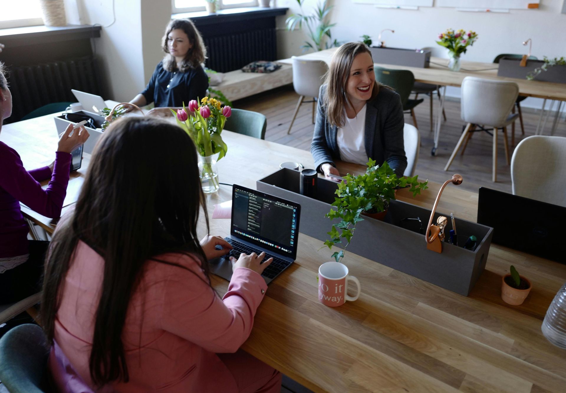 Women collaborating in a modern office environment with laptops and indoor plants, fostering teamwork.